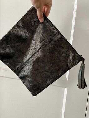 Jasper & Jeera Anthropologie Black Metallic Fold Over‎ Leather Clutch Tassel